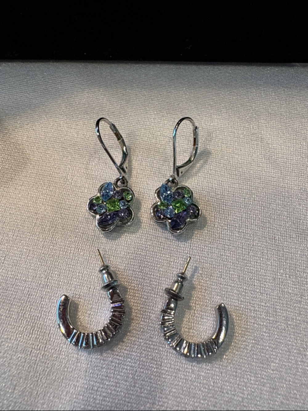 Source Unknown Silver Floral Drop Earrings with Green and Blue Stones
